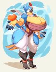  &lt;3 2018 absurd_res amber_eyes anthro avian beak big_breasts black_beak breasts breath_of_the_wild cleavage clothed clothing crossgender feathers female hi_res huge_breasts jaeh kass_(zelda) looking_at_viewer multicolored_feathers muscular muscular_female nintendo non-mammal_breasts open_beak open_mouth rito solo talons the_legend_of_zelda thick_thighs video_games 