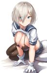  bed_sheet bikini black_bikini black_legwear blue_eyes blush breasts cleavage eyes_visible_through_hair gloves hair_ornament hair_over_one_eye hairclip hamakaze_(kantai_collection) highres kantai_collection large_breasts lolicept looking_at_viewer pantyhose pillow pleated_skirt school_uniform serafuku shirt_lift short_hair short_sleeves silver_hair simple_background sitting skirt smile solo swimsuit white_background white_gloves yokozuwari 