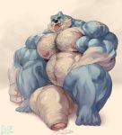  2017 5_toes anthro balls bear bluekumabox front_view hair huge_muscles hyper looking_at_viewer male mammal musclegut muscular muscular_male nipples nude penis simple_background solo toes tongue tongue_out 