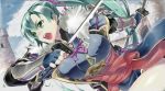  arm_behind_back bangs blue_dress blue_gloves blue_sky breasts castle cloud day dress dual_wielding eyebrows eyebrows_visible_through_hair eyelashes fingerless_gloves fire_emblem fire_emblem:_kakusei fire_emblem:_rekka_no_ken fur_collar gloves green_eyes green_hair hair_between_eyes hair_intakes hanabusa_(xztr3448) highres holding holding_sword holding_weapon katana large_breasts long_hair lyndis_(fire_emblem) open_mouth outdoors ponytail purple_ribbon ribbon sash side_slit sky solo sword teeth vambraces weapon 