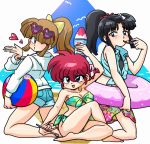  2boys bikini blown_kiss eyewear_on_head genderswap genderswap_(mtf) heart heart-shaped_eyewear konatsu_(ranma) kurenai_tsubasa lipstick makeup multiple_boys otoko_no_ko ponytail ranma-chan ranma_1/2 saotome_ranma sarong shaved_ice shirt shorts sunglasses swimsuit tied_shirt trait_connection wanta_(futoshi) 