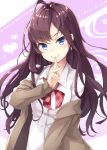  ahoge blue_eyes blush bow bowtie brown_hair cardigan commentary_request dress_shirt earrings finger_to_mouth ichinose_shiki idolmaster idolmaster_cinderella_girls jewelry kuresuku_(lessons) long_hair loose_bowtie off_shoulder open_cardigan open_clothes school_uniform shirt smile solo wavy_hair 