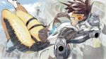  animal bangs blue_sky bodysuit bomber_jacket brown_eyes brown_gloves brown_hair brown_jacket cloud day dual_wielding eyebrows gloves goggles gorilla gun hanabusa_(xztr3448) harness holding holding_gun holding_weapon jacket leather leather_jacket mercy_(overwatch) multiple_girls orange_bodysuit overwatch parted_lips short_hair sky smile solo_focus spiked_hair thigh_strap tracer_(overwatch) weapon white_footwear winston_(overwatch) x_arms 