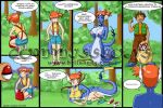  2007 anthro big_breasts breasts brock_(pok&eacute;mon) clothing comic detailed_background dialogue dragonair duo female forest hand_on_breast human kneeling male mammal misty_(pok&eacute;mon) nintendo nipples nude open_mouth pok&eacute;mon pok&eacute;mon_(species) sandi_elsen standing surprise tail_growth torn_clothing transformation tree video_games 