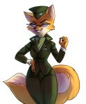  2018 anthro black_nose canine clothing eyelashes eyewear female fox hat lt._fox_vixen lunnitavaldez mammal military_uniform sek_studios simple_background smile solo squirrel_and_hedgehog teeth uniform white_background 