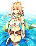  belt bikini blonde_hair bracelet breasts cleavage cowboy_shot flower flower_knight_girl hair_flower hair_ornament highres jewelry kuchinashi_(flower_knight_girl) large_breasts looking_at_viewer necklace o-ring o-ring_top red_eyes scarf short_hair smile solo striped striped_scarf suzume_(simple0091) swimsuit waist_cape water white_bikini 
