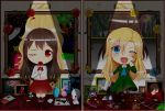  absurdres bad_id bad_pixiv_id blonde_hair blue_eyes blue_flower blue_rose brown_hair bunny candy chibi doll doll_(ib) dress flower food full_body highres holding holding_flower ib ib_(ib) kneehighs lady_in_red_(ib) long_hair mary_(ib) mashiro_yozakura multiple_girls one_eye_closed painting_(object) pantyhose picture_(object) red_eyes red_flower red_rose red_skirt rose shirt skirt stuffed_toy vase yellow_flower yellow_rose 