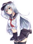  anchor_symbol bangs black_legwear blue_eyes blush breasts collarbone commentary_request eyebrows_visible_through_hair eyes_visible_through_hair flat_cap fukiaki hand_on_headwear hat hibiki_(kantai_collection) kantai_collection long_hair long_sleeves looking_at_viewer navel neckerchief open_mouth pleated_skirt red_neckwear sailor_collar school_uniform serafuku sidelocks silver_hair simple_background skirt skirt_tug small_breasts solo stomach thighhighs thighs white_background wind wind_lift zettai_ryouiki 