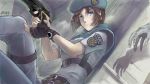  3: against_wall belt belt_buckle beret black_belt black_gloves blue_eyes blue_hat blue_pants blue_shirt breasts brown_hair buckle closed_mouth emblem eyebrows eyebrows_visible_through_hair fingerless_gloves fingernails frown gloves gun hanabusa_(xztr3448) handgun hat holding holding_gun holding_weapon jill_valentine medium_breasts out_of_frame pants police police_uniform policewoman resident_evil resident_evil_1 shadow shirt short_hair short_sleeves signature solo_focus star thigh_strap uniform wall weapon zombie 