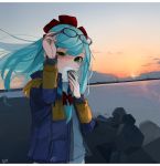  alternate_costume aqua_hair bad_id bad_twitter_id bow cloud contemporary covered_mouth eating eyewear_lift eyewear_on_head food gotoh510 gradient_sky green_eyes grey-framed_eyewear hair_bow hand_up holding holding_food horizon jacket kagiyama_hina long_hair looking_at_viewer onigiri open_clothes open_jacket outdoors pocket red_bow rock scenery sky solo standing sun sunrise touhou uneven_eyes upper_body water 