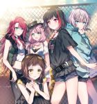  :d afterglow_(bang_dream!) aoba_moka bang_dream! bangs belt black_hair black_shirt blue_eyes blue_jacket brown_eyes brown_hair chain-link_fence collar crop_top denim denim_shorts fence fur-trimmed_vest green_eyes hands_together hat hazawa_tsugumi highlights hood hood_down hooded_jacket jacket lightning_bolt long_hair looking_at_viewer low_twintails midriff mitake_ran multicolored_hair multiple_girls nennen open_mouth pants pink_hair print_shirt red_eyes red_hair shirt short_hair short_sleeves shorts silver_hair smile studded_belt studded_collar t-shirt tight tight_pants twintails udagawa_tomoe uehara_himari 