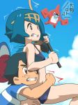  1girl alternate_costume anime_coloring awa baseball_cap bikini black_bikini black_hair blue_eyes blue_hair bright_pupils brown_eyes clenched_teeth day fishing fishing_rod freckles gen_4_pokemon gen_7_pokemon hat no_sclera outdoors pokemon pokemon_(anime) pokemon_sm_(anime) rotom rotom_dex satoshi_(pokemon) short_hair sky suiren_(pokemon) sweat swimsuit teeth torso_grab translated white_pupils 