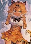  absurdres animal_ears animal_print blonde_hair bow bowtie commentary gloves high-waist_skirt highres jaguar_(kemono_friends) jaguar_ears jaguar_print jaguar_tail kaamin_(mariarose753) kemono_friends print_gloves print_skirt short_hair skirt solo tail v-shaped_eyebrows yellow_eyes 