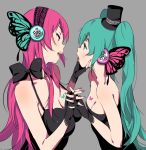  bad_id bad_pixiv_id eye_contact fingerless_gloves gloves green_hair hand_on_another's_chin hat hatsune_miku holding_hands interlocked_fingers long_hair looking_at_another magnet_(vocaloid) megurine_luka mini_hat mini_top_hat multiple_girls nail_polish open_mouth red_hair senjitsu_musou top_hat twintails vocaloid yuri 