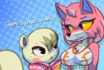  :&lt; abstract_background animal_crossing anthro blue_eyes blush_sticker book breasts canine chest_tuft cleavage clothed clothing duo eyelashes female freya_(animal_crossing) fur male mammal marshal_(animal_crossing) nintendo open_mouth pink_fur rodent shirt squirrel teckworks text tuft video_games white_fur wolf yellow_sclera 