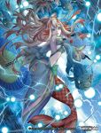  bare_shoulders blue_eyes breasts cleavage company_name electricity fish force_of_will hair_ornament horns japanese_clothes long_hair medium_breasts mermaid midriff monster_girl multicolored_hair nanahara_shie navel official_art open_mouth oriental_umbrella pale_skin rain red_hair shaela_(force_of_will) solo two-tone_hair umbrella white_hair 