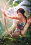  blood blue_eyes bow_(weapon) brown_hair forest from_behind jungle lara_croft md5_mismatch nature over_shoulder plant ponytail ross_tran sunlight tank_top tattoo tiger tomb_raider tree weapon white_tiger 