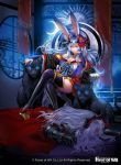  1girl animal_ears ayu_(force_of_will) blue_eyes blue_hair breasts bunny_ears cape cleavage company_name force_of_will gloves hair_over_one_eye horns japanese_clothes leaf long_hair misa_tsutsui nail_polish night night_sky official_art panther sandals sitting sky small_breasts star_(sky) thighhighs throne welser_(force_of_will) white_hair 