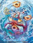  blue_eyes blue_hair company_name force_of_will horns jewelry long_hair mephina_(force_of_will) mermaid monster_girl multicolored_hair necklace nekobayashi official_art open_mouth orange_hair solo staff teeth twintails two-tone_hair water 