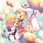  blonde_hair blue_sky blurry blurry_background brown_eyes character_request commentary_request drill_hair eyebrows_visible_through_hair flag flying food from_above gourmet_kizuna highres index_finger_raised long_hair looking_at_viewer open_mouth riding shennai_misha shoes sky solo taiyaki thighhighs wagashi white_legwear 