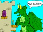  castle dialogue dragon english_text flower green_scales horn human humor joe_ekaitis mammal plant rose scales scalie size_difference smile speech_bubble text western_dragon wings 