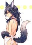 alternate_costume animal_ears apron ass bangs blue_hair breasts eyebrows_visible_through_hair fenrir_(shingeki_no_bahamut) granblue_fantasy highres long_hair looking_at_viewer looking_back naked_apron paws red_eyes shingeki_no_bahamut sideboob simple_background small_breasts solo sukemyon tail white_apron white_background wolf_ears wolf_tail 