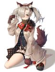 animal_ears bangs belt blush breasts coat commentary_request cross fake_animal_ears fake_tail fox_ears fox_tail girls_frontline grey_hair hair_ornament hair_over_one_eye hk21 hk21_(girls_frontline) jewelry kneeling long_hair long_sleeves looking_at_viewer medium_breasts open_clothes paws red_eyes scarf simple_background solo tail thigh_strap twintails xi_zhujia_de_rbq 