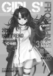  1girl absurdres bangs bare_shoulders black_hair c-ms_(girls_frontline) character_name commentary_request cover dress girls_frontline gun highres ice_s_s_z jacket long_hair long_sleeves looking_at_viewer magazine_cover mole mole_under_eye monochrome off_shoulder open_clothes solo submachine_gun thigh_strap thighhighs very_long_hair weapon white_dress 