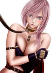  bdsm blue_eyes blush bondage bound breasts collar covering covering_breasts final_fantasy final_fantasy_xiii fingerless_gloves gloves large_breasts leash lightning_farron pink_hair solo sweat tattoo 