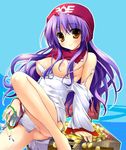  arm_support bankoku_ayuya barefoot breasts dragon_quest dragon_quest_ii gold hood jewelry large_breasts long_hair nipples no_panties princess_of_moonbrook purple_hair smile solo torn_clothes treasure_chest 