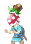  bandage bandaged_arm bandages belt biting blonde_hair blue_tunic brown_belt brown_pants commentary_request cowboy_shot flower_pot gloves leaf link male_focus mario_(series) nintendo oboro_keisuke pants piranha_plant plant potted_plant scabbard sharp_teeth sheath sheathed sheikah_slate shield short_sleeves simple_background solo standing super_mario_bros. super_smash_bros. sword teeth the_legend_of_zelda the_legend_of_zelda:_breath_of_the_wild tunic weapon white_background 