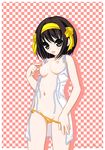  breasts brown_eyes brown_hair groin hairband highres medium_breasts nipples no_bra open_clothes open_shirt panties panty_pull royalwatts shirt short_hair side-tie_panties solo suzumiya_haruhi suzumiya_haruhi_no_yuuutsu tongue underwear 