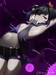 armpits arms_up black_hair black_shorts collar cowboy_shot hair_intakes looking_at_viewer multicolored_hair pale_skin parted_lips pink_eyes purple_background purple_hair revealing_clothes saimon_(tales) short_hair short_shorts shorts solo tales_of_(series) tales_of_zestiria twitter_username yukisaki_mayui 