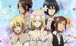  alternate_hairstyle annie_leonhardt black_eyes black_hair blonde_hair blue_eyes brown_hair christa_renz flower freckles hair_flower hair_ornament light_smile mikasa_ackerman multiple_girls official_art sasha_braus serious shingeki_no_kyojin smile ymir_(shingeki_no_kyojin) 