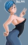  1girl bare_shoulders breasts bulma curvy dragon_ball dragon_ball_super female leotard looking_at_viewer nipples smile solo thethickness wink 
