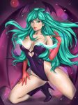  bat_wings breasts cleavage commentary commission demon_girl elbow_gloves english_commentary gloves green_hair head_wings heart_cutout high_heels large_breasts leotard long_hair low_wings morrigan_aensland no_legwear purple_footwear succubus taiss14 vampire_(game) wings 