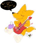  3_fingers angus_(nitw) anthro blush canine celestial clothing eyes_closed fox fur gregg_(nitw) guitar legwear male mammal musical_instrument night_in_the_woods singing sitting socks solo tissues yellow_fur 