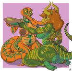  2018 3_toes 5_fingers anthro anus areola belly belly_scales big_areola big_breasts big_thighs biped black_claws black_sclera bodypaint border breasts brown_nipples butt claws countershade_torso countershading creating_art crocodilian digital_drawing_(artwork) digital_media_(artwork) dragon duo eyelashes feet female front_view frown gharial green_anus green_countershading green_markings green_nipples green_pussy green_scales green_tail hi_res holding_object horn humanoid_feet humanoid_hands inverted_nipples kneeling liarborn lighting long_mouth long_tail looking_at_another lynn_(dcg580) markings multi_horn navel nipples no_sclera non-mammal_breasts nude orange_countershading orange_scales orange_tail paint paintbrush palette plantigrade purple_background pussy rear_view reptile scales scalie sefsefse shadow sharp_teeth side_boob simple_background sitting slightly_chubby slit_pupils small_waist smile snout spade_tail spiked_tail teeth toe_claws toes torso white_border wide_hips yellow_eyes yellow_markings 
