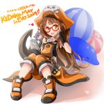  2017 anchor ball beachball bespectacled black_gloves blush boots breasts brown_hair commentary_request dolphin evolution_championship_series fingerless_gloves full_body glasses gloves guilty_gear guilty_gear_xrd hat highres kibihimi knees_together_feet_apart long_hair may_(guilty_gear) notebook orange_eyes orange_hat pants pants_rolled_up pirate_hat red-framed_eyewear sailor_collar sitting small_breasts solo 