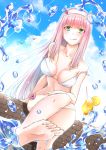  aqua_eyes barefoot bikini blush breasts brick cleavage cloud cloudy_sky cup darling_in_the_franxx day drink drinking_glass drinking_straw dutch_angle feet flower food foreshortening fruit hairband highres horns ice ice_cube lemon lemon_slice lens_flare long_hair looking_at_viewer medium_breasts navel pink_hair realdragon sitting sky soles solo strap_slip swimsuit tongue tongue_out water white_bikini zero_two_(darling_in_the_franxx) 