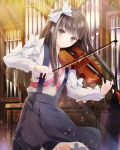  absurdres black_skirt bow brown_eyes brown_hair cowboy_shot floating_hair hair_bow highres holding holding_instrument instrument kishida_mel long_hair looking_at_viewer music organ playing_instrument pleated_skirt school_fanfare shirt skirt smile solo standing suspender_skirt suspenders very_long_hair violin white_bow white_shirt 