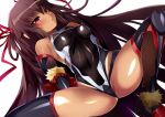  bare_shoulders blush breasts brown_hair commentary_request covered_nipples elbow_gloves gloves hair_ribbon highres leotard long_hair medium_breasts mizuki_yukikaze open_mouth red_eyes ribbon shimejinameko shiny shiny_clothes shiny_skin solo spread_legs taimanin_(series) taimanin_yukikaze tan thighhighs two_side_up very_long_hair 