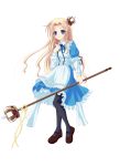  :3 alice_(wonderland) alice_in_wonderland black_legwear blonde_hair blue_eyes blush closed_mouth eyebrows_visible_through_hair full_body highres holding holding_staff long_hair long_sleeves looking_at_viewer pantyhose psyche3313 smile solo staff 