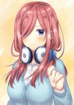  3: bangs blue_cardigan blue_eyes blush breasts buttons cardigan clenched_hand closed_mouth collared_shirt emblem go-toubun_no_hanayome hair_over_one_eye hair_over_shoulder hand_up headphones headphones_around_neck irino light_smile long_hair long_sleeves looking_at_viewer medium_breasts nakano_miku orange_background outline pink_hair school_uniform shiny shiny_hair shirt sidelocks simple_background smile solo straight_hair swept_bangs triangle upper_body white_shirt 