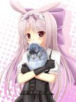 animal animal_ears black_gloves blush bow bunny bunny_ears eyebrows_visible_through_hair gloves grey_hair hair_bow hairband holding holding_animal long_hair looking_at_viewer original oversized_clothes psyche3313 purple_bow red_eyes short_sleeves very_long_hair 