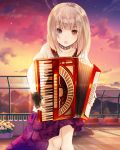  absurdres accordion black_gloves blonde_hair blue_eyes choker cloud collarbone fingerless_gloves gloves heterochromia highres holding holding_instrument instrument kishida_mel layered_skirt long_hair miniskirt music open_mouth outdoors playing_instrument red_eyes red_skirt rooftop school_fanfare shirt short_sleeves skirt solo standing sunset white_shirt 