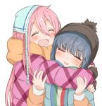  bangs blue_hair blush closed_eyes commentary eyebrows_visible_through_hair fingerless_gloves gloves hair_between_eyes hat hatopoo_(beach7pijon) hug jacket kagamihara_nadeshiko long_hair long_sleeves multiple_girls open_mouth pink_hair shima_rin simple_background smile striped sweatdrop upper_body winter_clothes yurucamp 