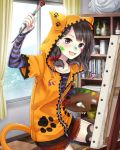  :d absurdres animal_ears animal_hood arm_up bookshelf brown_eyes brown_hair canvas_(object) cat_ears cat_tail collarbone day fake_animal_ears fang hair_ribbon highres holding holding_brush hood hooded_jacket indoors jacket kishida_mel long_hair looking_at_viewer open_mouth orange_jacket paint_on_face partially_unzipped paw_print red_ribbon red_shorts ribbon school_fanfare shirt short_shorts short_sleeves shorts smile solo striped striped_shirt tail thighhighs window 