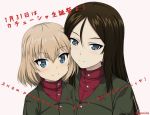  bangs black_hair blonde_hair blue_eyes closed_mouth commentary_request cyrillic dated emblem eyebrows_visible_through_hair girls_und_panzer green_jacket happy_birthday heart inoshira jacket katyusha light_smile long_hair long_sleeves looking_at_viewer multiple_girls nonna pink_background portrait pravda_school_uniform red_shirt russian school_uniform shirt short_hair side-by-side smile swept_bangs translated turtleneck twitter_username 