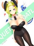  absurdres animal_ears artist_name blacksaikou blonde_hair blush breasts brown_legwear bunny_ears bunnysuit character_name cleavage commentary detached_collar dragon dragonair dutch_angle earrings eyebrows_visible_through_hair eyes_visible_through_hair forehead gradient_hair green_eyes green_hair hand_on_own_chest heart heterochromia highres horns huge_breasts jewelry kobayashi-san_chi_no_maidragon looking_at_viewer medium_hair mole mole_under_mouth multicolored_hair pantyhose pokemon pokemon_(creature) purple_eyes quetzalcoatl_(maidragon) slit_pupils smile solo trait_connection wrist_cuffs yellow_pupils 